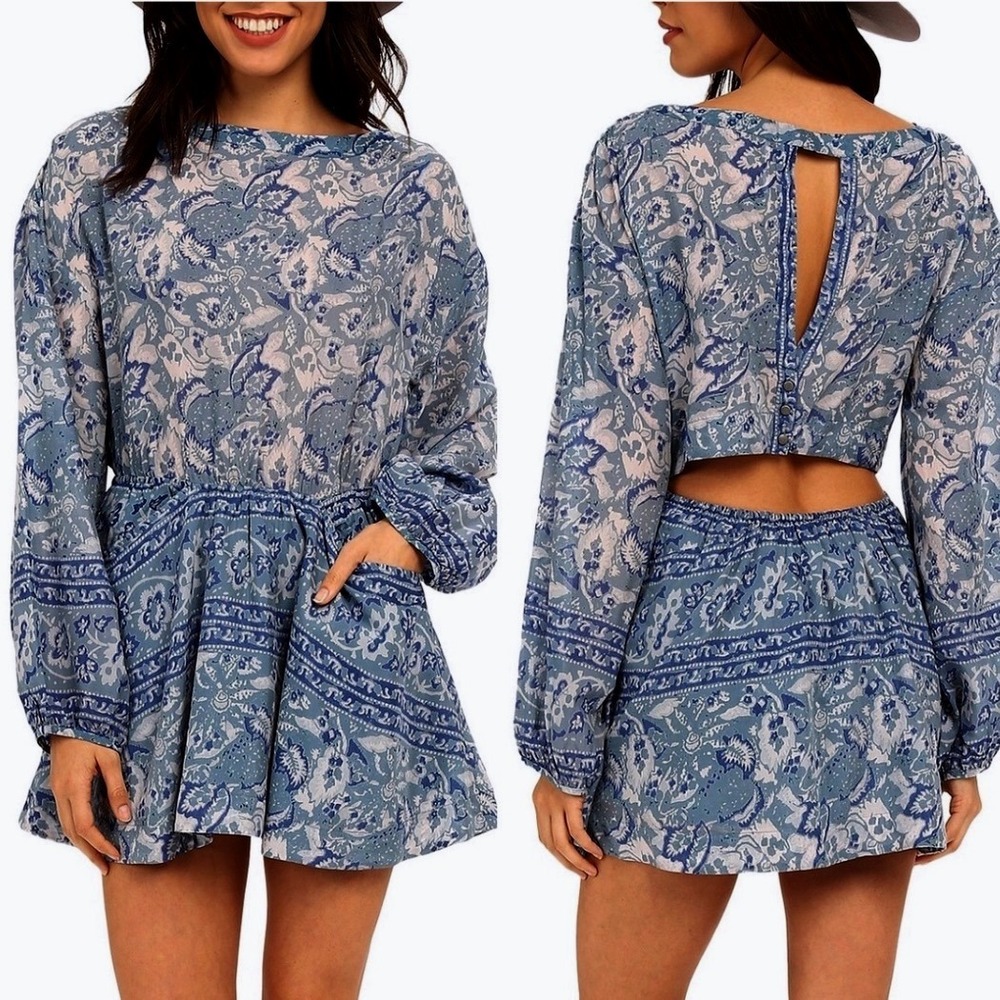Free People‎ Silver Sun Bohemian Printed Mini Dress Open Back Sz S